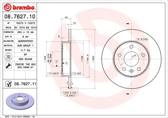 Brembo 08762711 Discos De Freno Con Recubrimiento UV, Set De 2